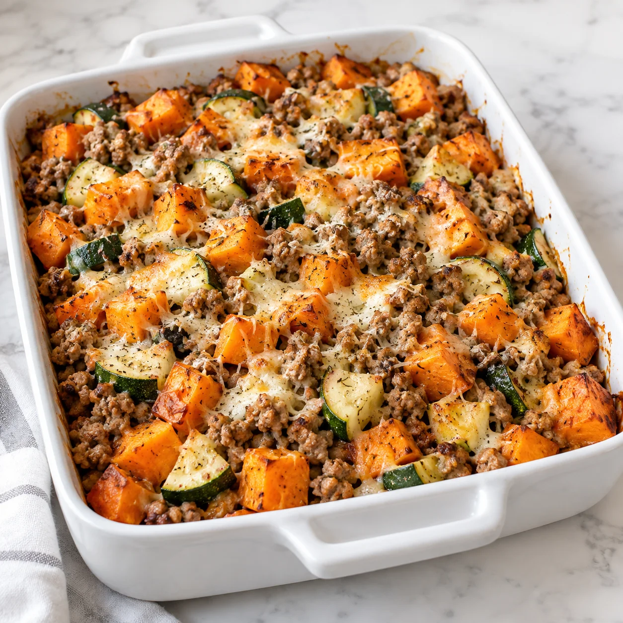 Ground turkey sweet potato casserole in a white ceramic baking dish on a bright white marble surface, with roasted sweet potato cubes, zucchini, browned turkey, and melted parmesan shown in a complete square main recipe photograph.