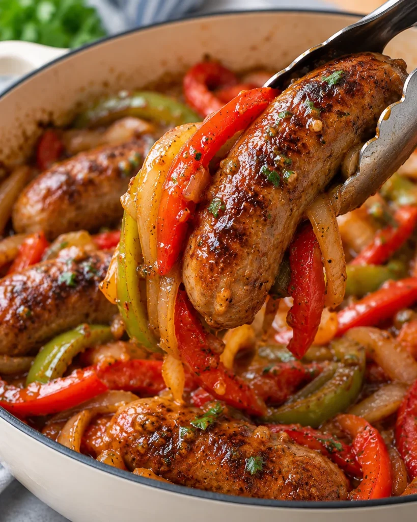 Close-up of sausage and peppers in a cream enamel skillet, with stainless steel tongs lifting a browned Italian sausage and glossy peppers over the white marble setting.