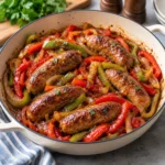 Sausage and peppers served in a cream enamel skillet, with browned Italian sausage links, glossy bell peppers, onions, and pan sauce on a bright kitchen surface.