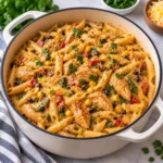Creamy Southwest chicken Alfredo penne served in a cream-colored Dutch oven on a bright white marble-style surface, with seasoned chicken, penne pasta, diced tomatoes, cilantro, cheese, and a glossy spice-flecked cream sauce.