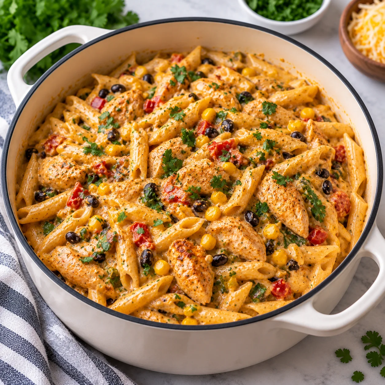 Creamy Southwest chicken Alfredo penne served in a cream-colored Dutch oven on a bright white marble-style surface, with seasoned chicken, penne pasta, diced tomatoes, cilantro, cheese, and a glossy spice-flecked cream sauce.