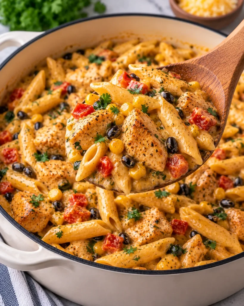 Close-up of creamy Southwest chicken Alfredo penne lifted from the same cream-colored Dutch oven on a bright white marble-style surface, showing seasoned chicken, penne, black beans, corn, red peppers, herbs, and a glossy spiced Alfredo sauce.