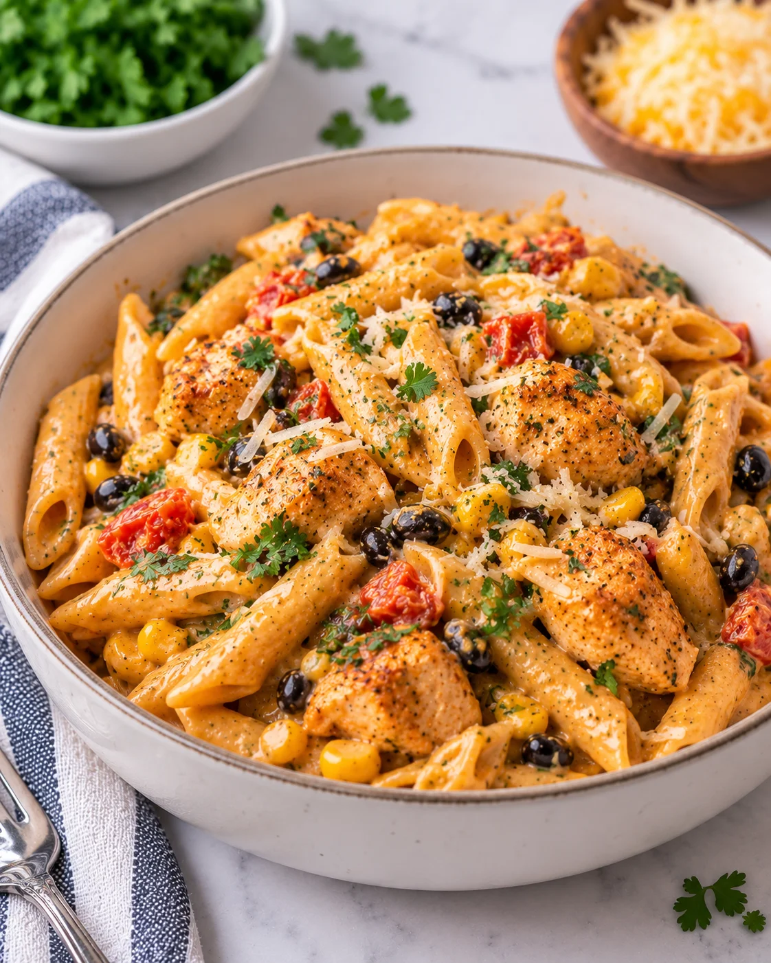 Creamy Southwest chicken Alfredo penne served in a cream-colored Dutch oven on a bright white marble-style surface, with seasoned chicken, penne pasta, diced tomatoes, cilantro, cheese, and a glossy spice-flecked cream sauce.