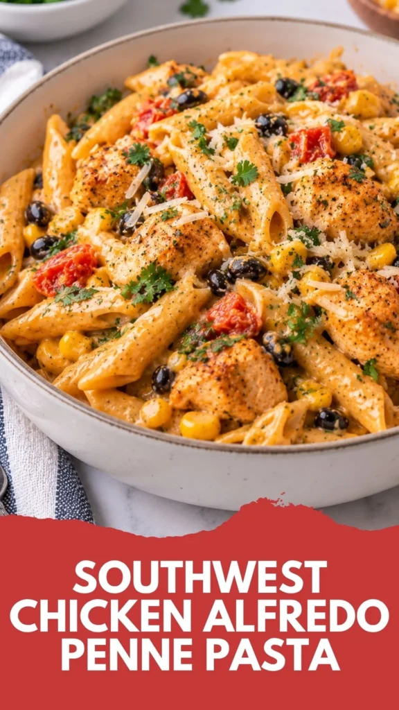 Creamy Southwest chicken Alfredo penne served in a cream-colored Dutch oven on a bright white marble-style surface, with seasoned chicken, penne pasta, diced tomatoes, cilantro, cheese, and a glossy spice-flecked cream sauce.