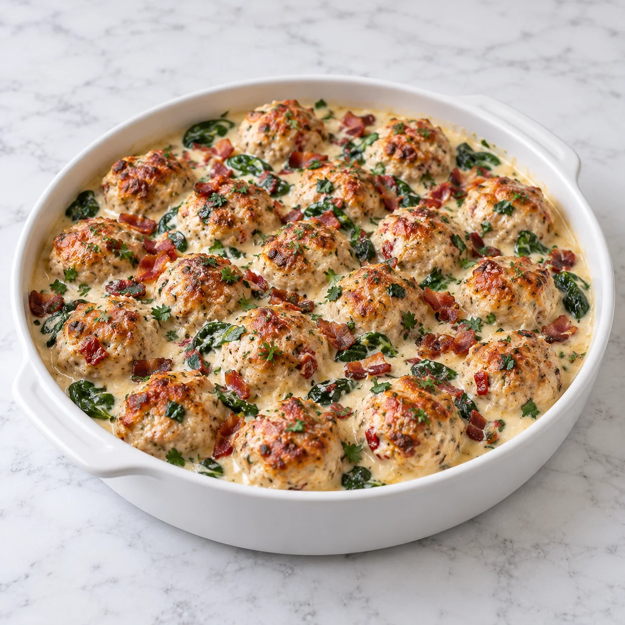 Baked chicken ricotta meatballs nestled in creamy spinach Alfredo sauce in a white ceramic baking dish, with golden-browned tops on a bright white marble surface.