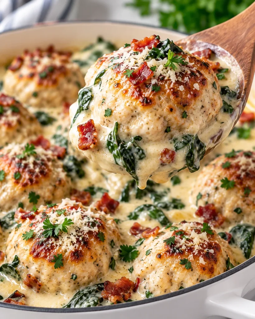 Close-up of a chicken ricotta meatball lifted from creamy spinach Alfredo sauce, showing its golden-browned exterior with rich sauce and spinach, above a white ceramic dish on a bright marble surface.