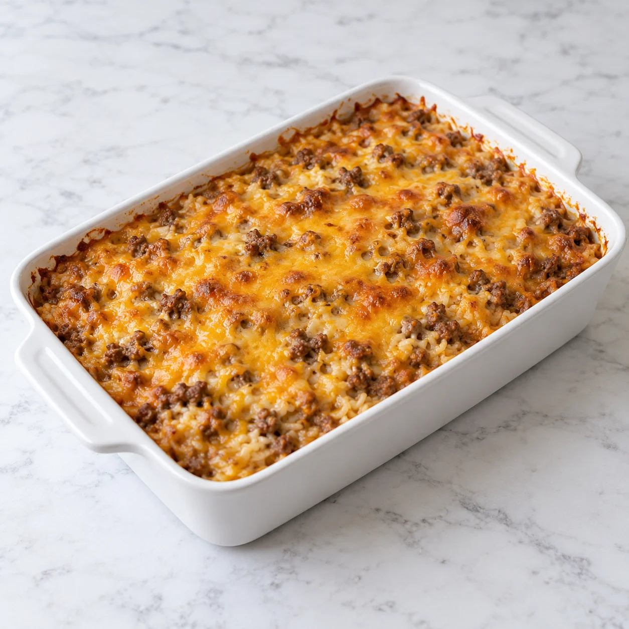 Close-up of cheesy ground beef and rice casserole being lifted from a white ceramic baking dish, revealing tender rice, browned beef, melted golden cheese, and a freshly scooped-out serving area on a bright white marble surface.