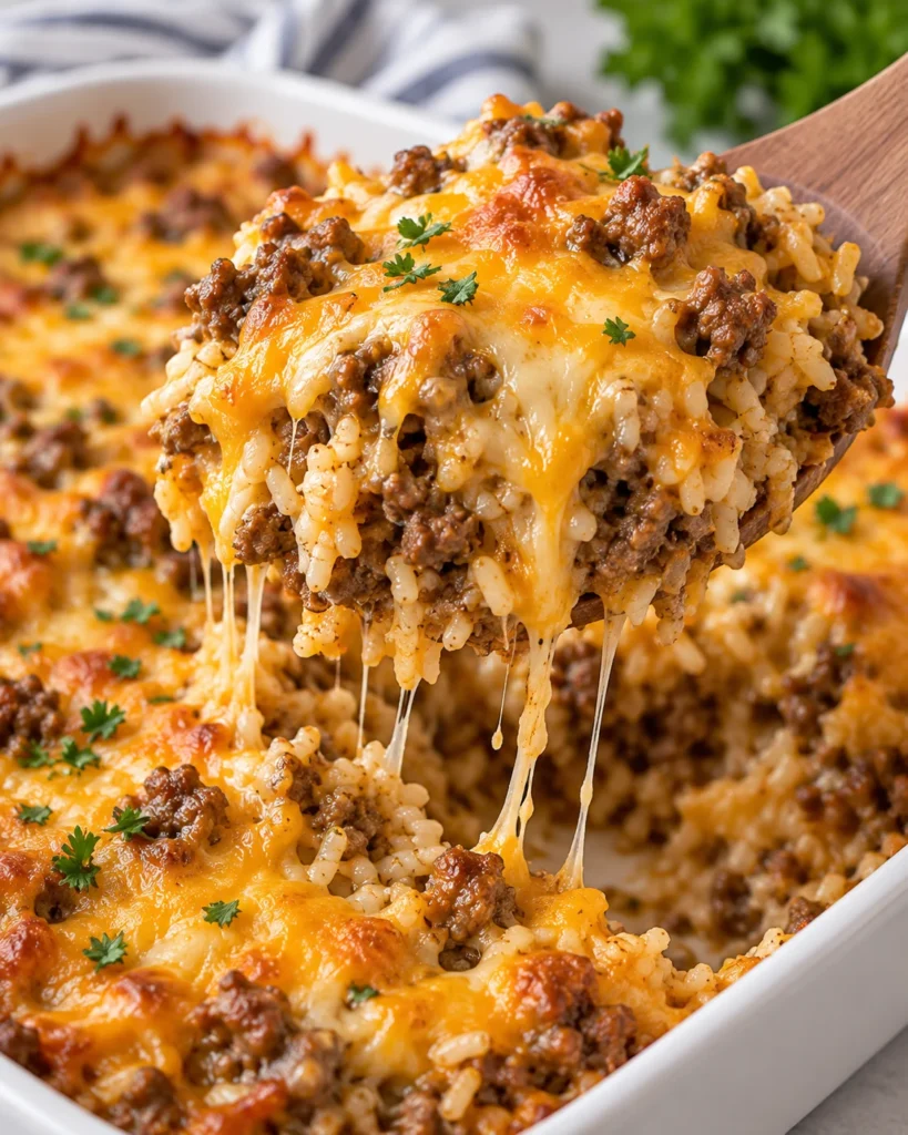 Cheesy ground beef and rice casserole baked in a white rectangular ceramic dish, topped with melted golden cheese and browned beef, photographed on a clean bright white marble surface with soft natural light.
