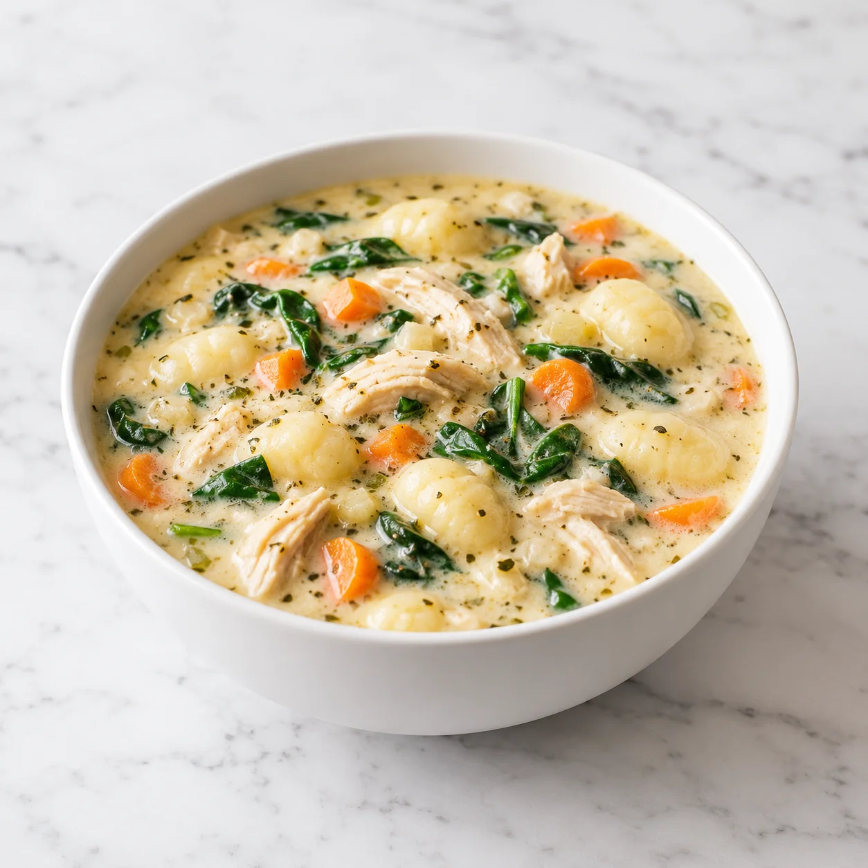 Creamy Olive Garden-style chicken gnocchi soup with tender chicken, pillowy gnocchi, carrots, and spinach in a modern white ceramic bowl on bright white marble.