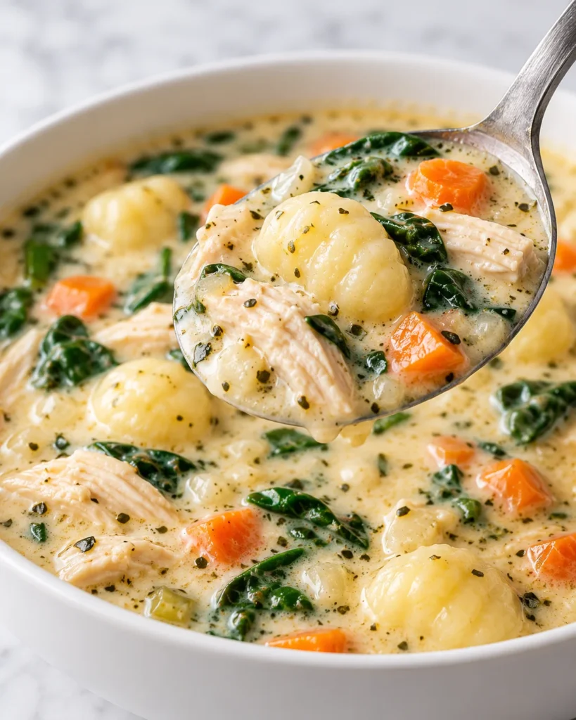 Close-up spoonful of creamy chicken gnocchi soup with chicken, gnocchi, carrots, and spinach lifted above the same white ceramic bowl on a white marble surface.