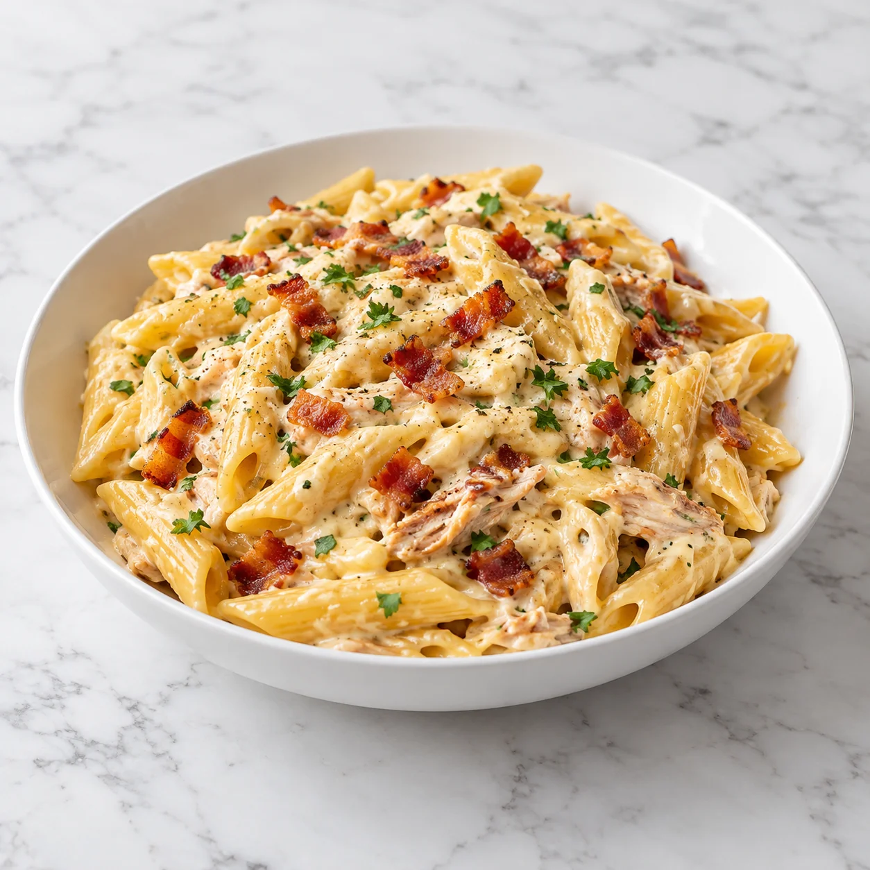 Creamy chicken penne with shredded chicken, bacon, parsley, and black pepper in a modern white ceramic bowl on a bright white marble surface, showing glossy cheese sauce and tender pasta texture.