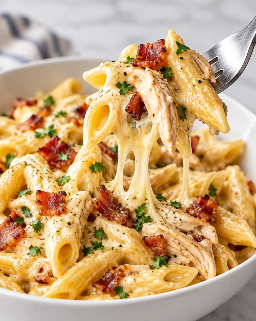 Close-up of creamy chicken penne lifted on a fork from a modern white ceramic bowl on a bright white marble surface, showing glossy sauce, tender chicken, bacon pieces, and stretchy cheese texture.
