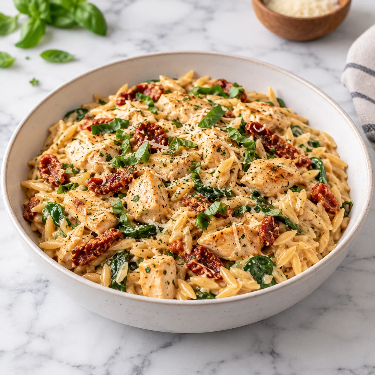 Creamy sun-dried tomato chicken orzo with spinach, tender chicken pieces, and sun-dried tomatoes served in a ceramic bowl on white marble.