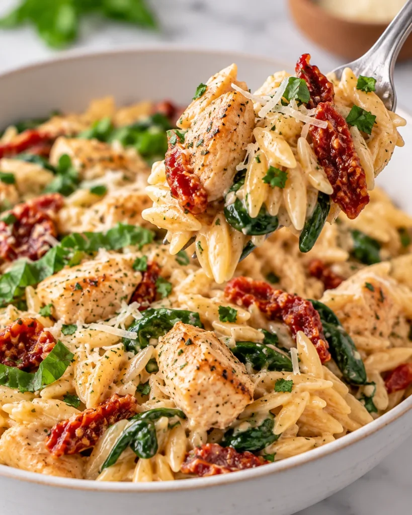 Close-up of a fork lifting creamy chicken orzo with spinach and sun-dried tomatoes from a ceramic bowl on white marble.