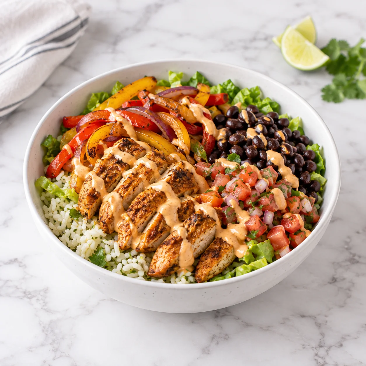 Chicken fajita bowl in a modern white ceramic bowl on bright white marble, with cilantro lime rice, seasoned sliced chicken, sautéed bell peppers and red onion, black beans, lettuce, pico de gallo, and creamy chipotle aioli.