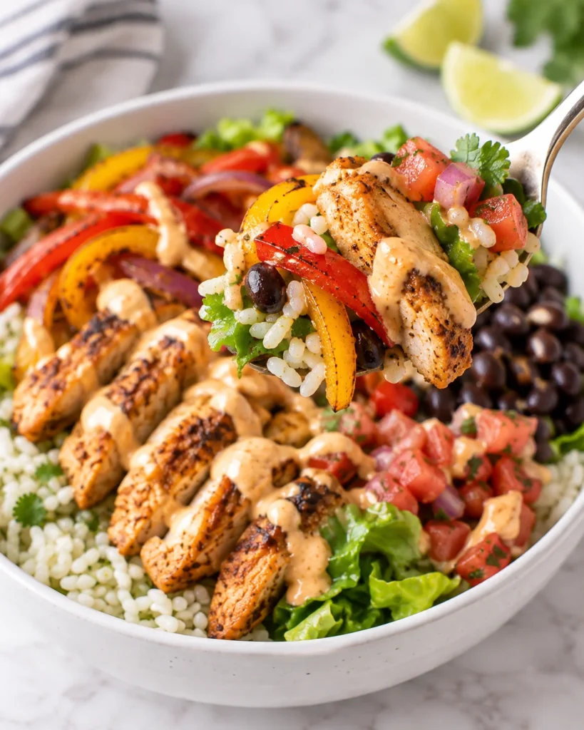 Close-up chicken fajita bowl in the same white ceramic bowl on white marble, with a spoon lifting seasoned chicken, peppers, rice, black beans, pico de gallo, greens, and creamy sauce from the bowl.