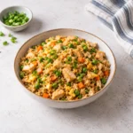 Easy chicken fried rice with chicken, peas, carrots, scrambled egg, and scallions served in a ceramic bowl on a bright marble-style surface, showing naturally separated, lightly glossy rice and tender chicken pieces.