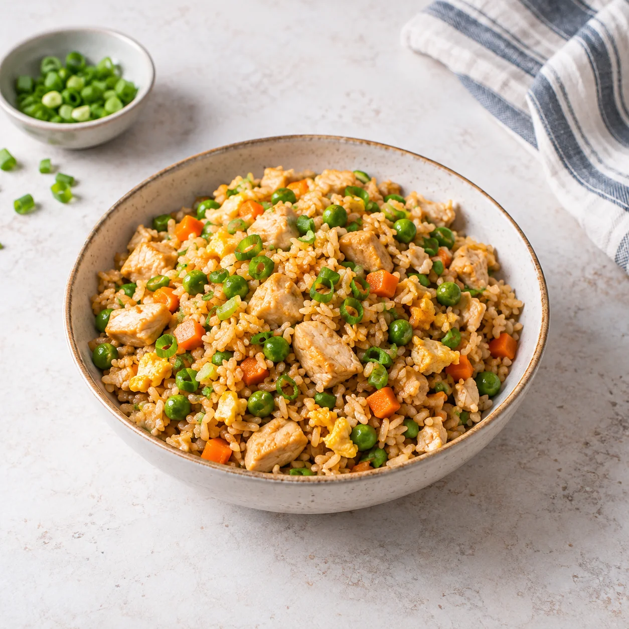 Easy chicken fried rice with chicken, peas, carrots, scrambled egg, and scallions served in a ceramic bowl on a bright marble-style surface, showing naturally separated, lightly glossy rice and tender chicken pieces.
