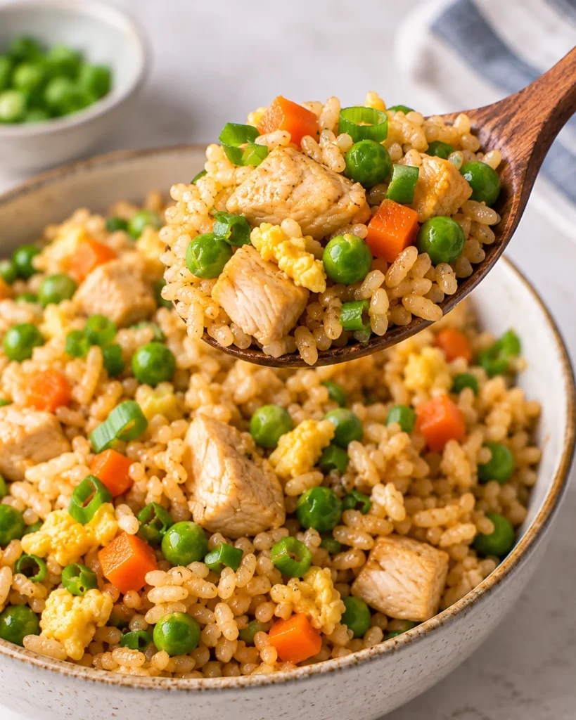 Close-up of chicken fried rice in the same ceramic bowl, with a spoon lifting rice, chicken, peas, carrots, egg, and scallions above the dish on a bright marble-style surface.