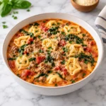 Creamy sausage tortellini soup with browned sausage, spinach, tomatoes, and cheese-filled tortellini served in a ceramic bowl on white marble.