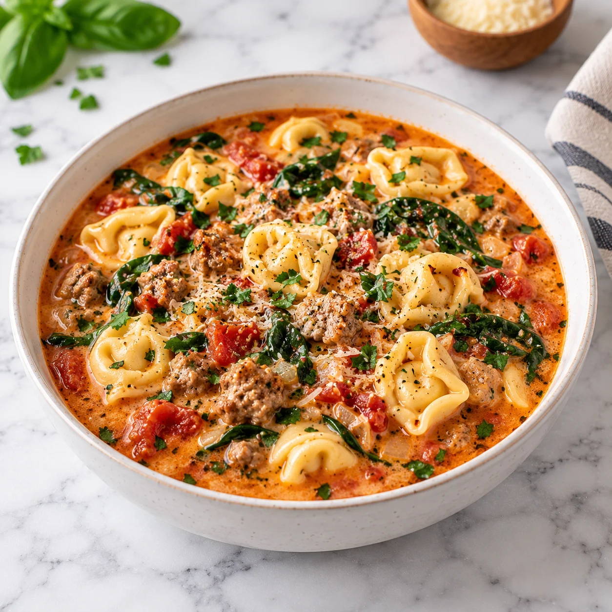 Creamy sausage tortellini soup with browned sausage, spinach, tomatoes, and cheese-filled tortellini served in a ceramic bowl on white marble.