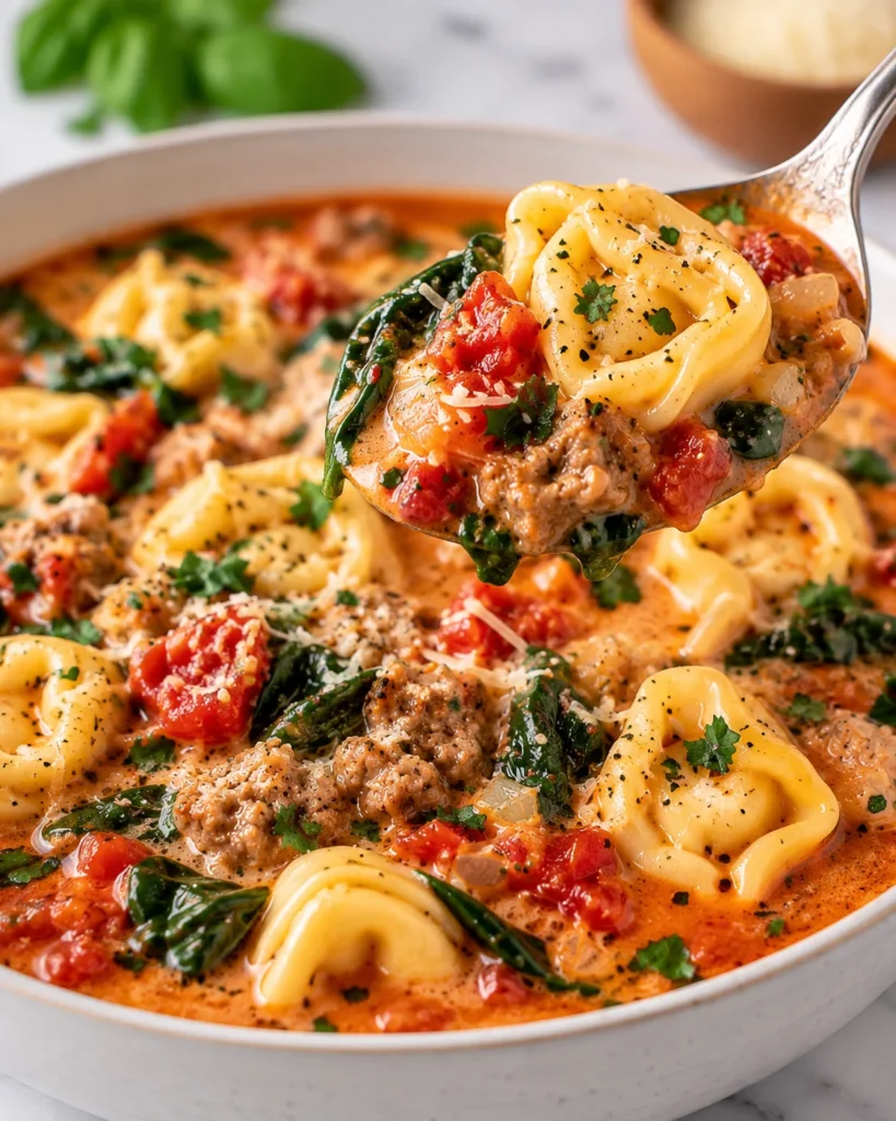 Close-up of a spoon lifting cheese tortellini, sausage, spinach, and tomato from creamy sausage tortellini soup in a ceramic bowl on white marble.