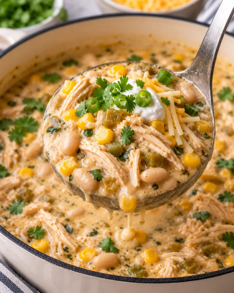 Close-up of creamy white chicken chili lifted in a silver ladle from a cream-colored Dutch oven on a bright white marble-style surface, showing shredded chicken, white beans, corn, green chiles, cilantro, scallions, cheese, and sour cream with a thick, velvety texture.