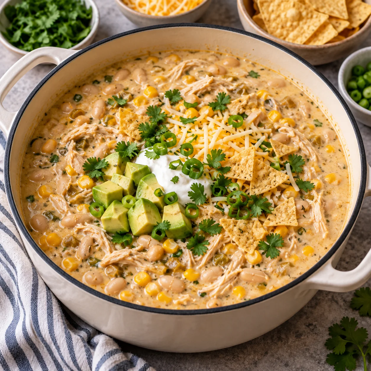 Creamy white chicken chili with shredded chicken, white beans, corn, green chiles, cheese, sour cream, avocado, cilantro, scallions, and tortilla chips served in a cream-colored Dutch oven on a bright white marble-style surface, showing a thick homemade texture.