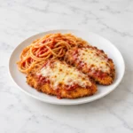 crispy breaded chicken cutlets topped with marinara and melted mozzarella, served with spaghetti on a white ceramic plate over white marble.