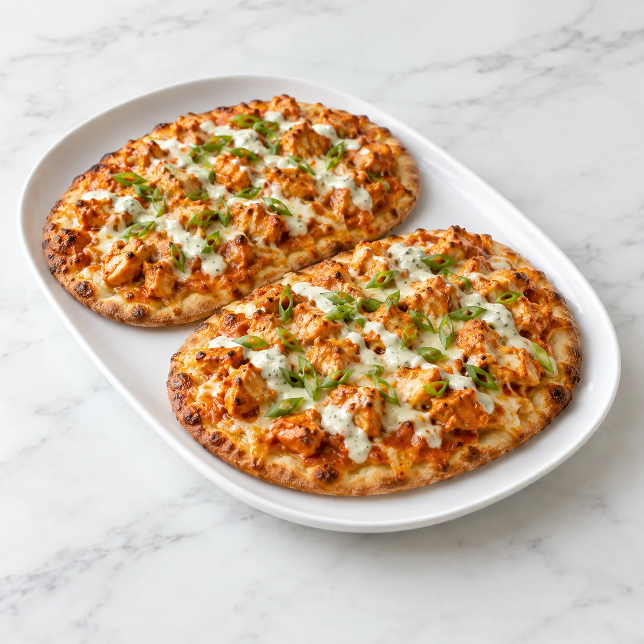 Two buffalo chicken flatbreads with melted mozzarella, blue cheese dressing, and green onions on a white ceramic platter over white marble.