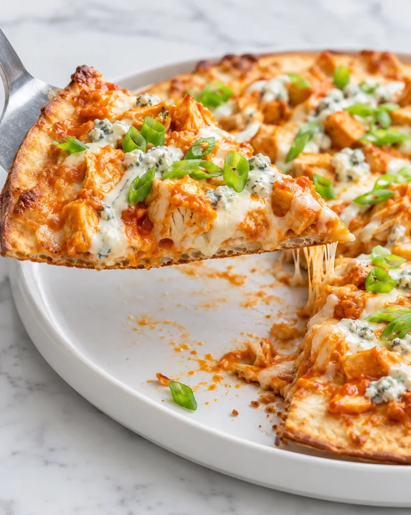 Two buffalo chicken flatbreads with melted mozzarella, blue cheese dressing, and green onions on a white ceramic platter over white marble.