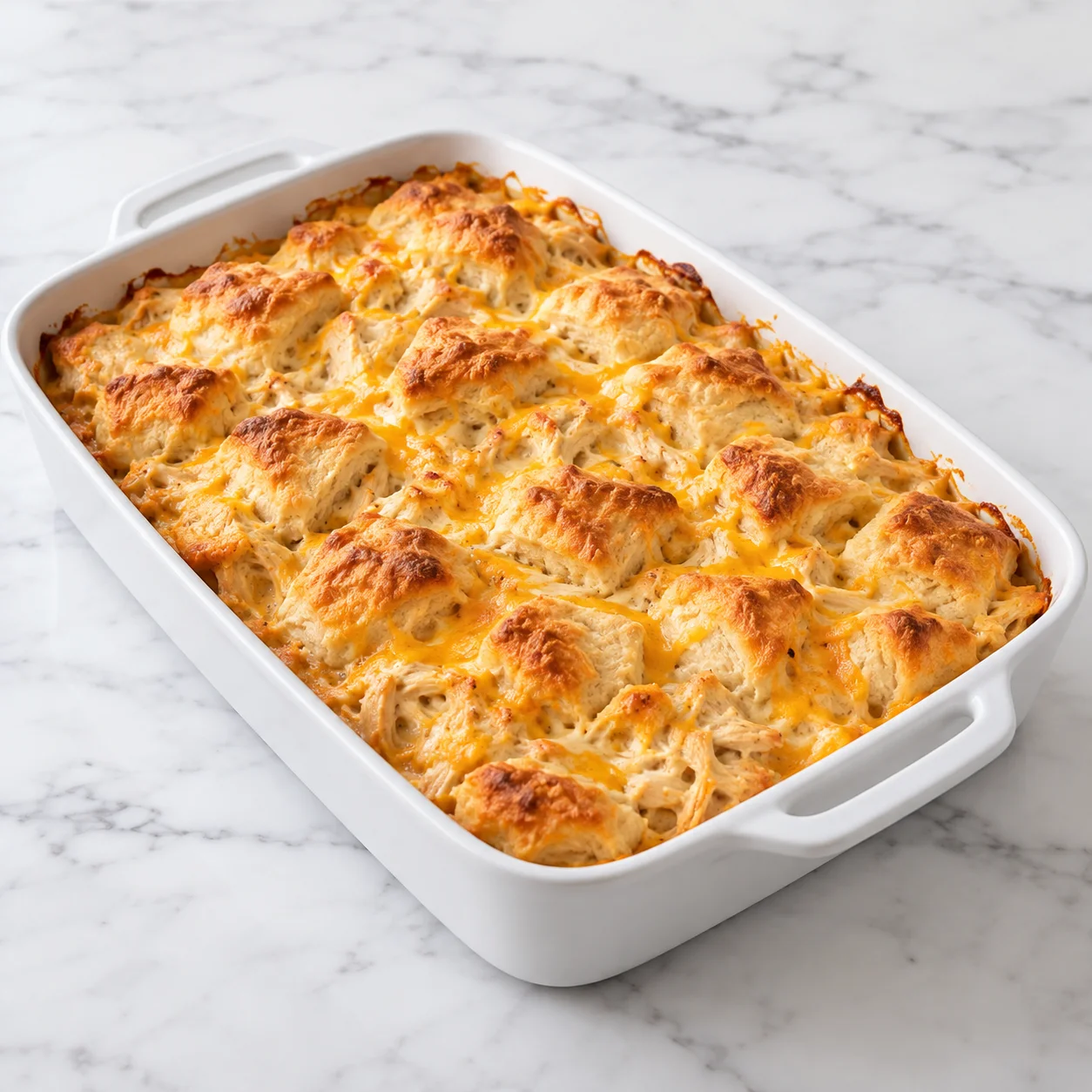 Chicken bubble biscuit bake casserole with golden biscuit pieces and cheddar in a white ceramic baking dish on white marble.