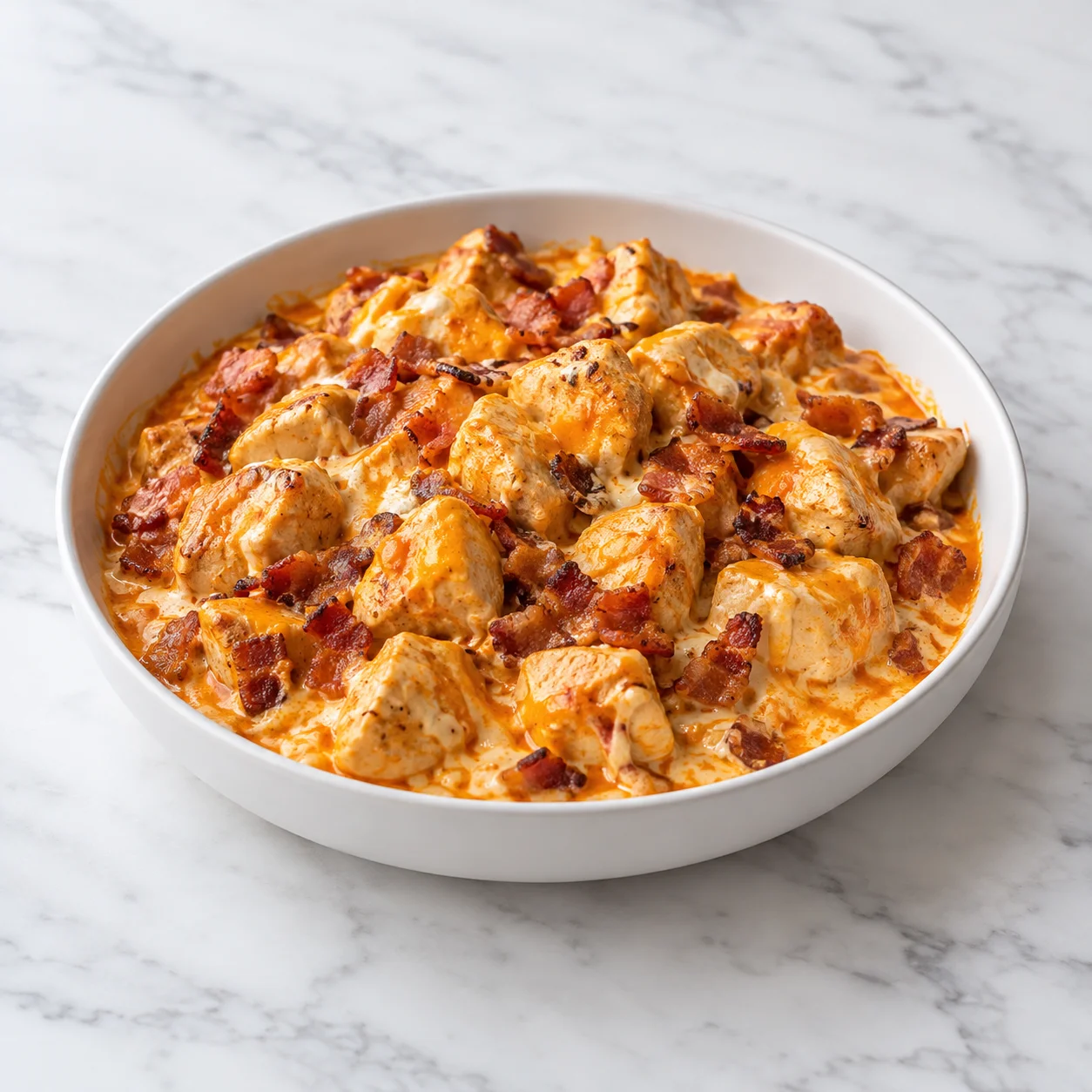 Creamy buffalo chicken and browned bacon in a white ceramic bowl on white marble.
