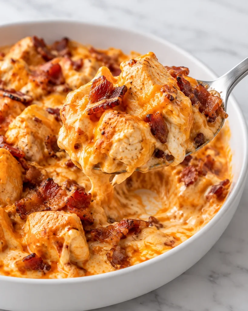 A spoon lifts creamy buffalo chicken and bacon from the bowl, showing the rich sauce and tender pieces.
