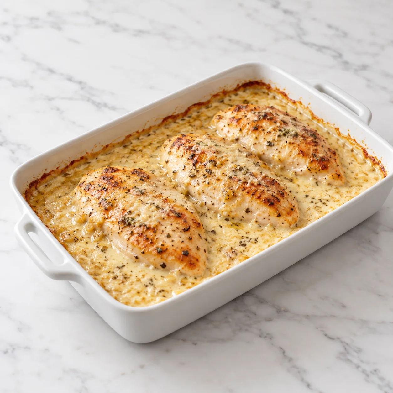 Creamy lemon Parmesan chicken bake in a white ceramic dish on white marble, with lightly browned chicken breasts in bubbling sauce