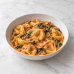 Tender tortelloni and wilted spinach coated in creamy tomato sauce, served in a white ceramic bowl on clean white marble.