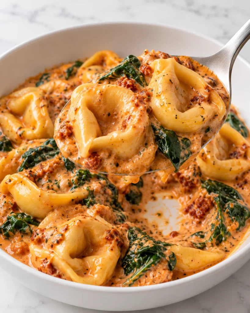 A spoon lifts tender tortelloni and spinach coated in creamy tomato sauce from a white ceramic bowl on white marble, revealing a disturbed serving area below.