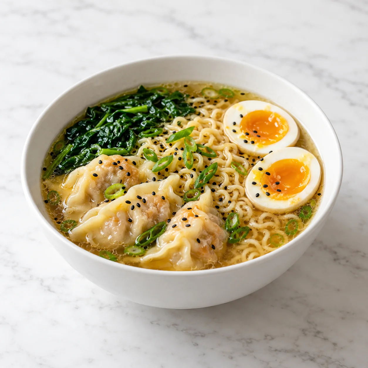 Dumpling ramen with noodles, spinach, soft boiled eggs, and broth in a white ceramic bowl on white marble.