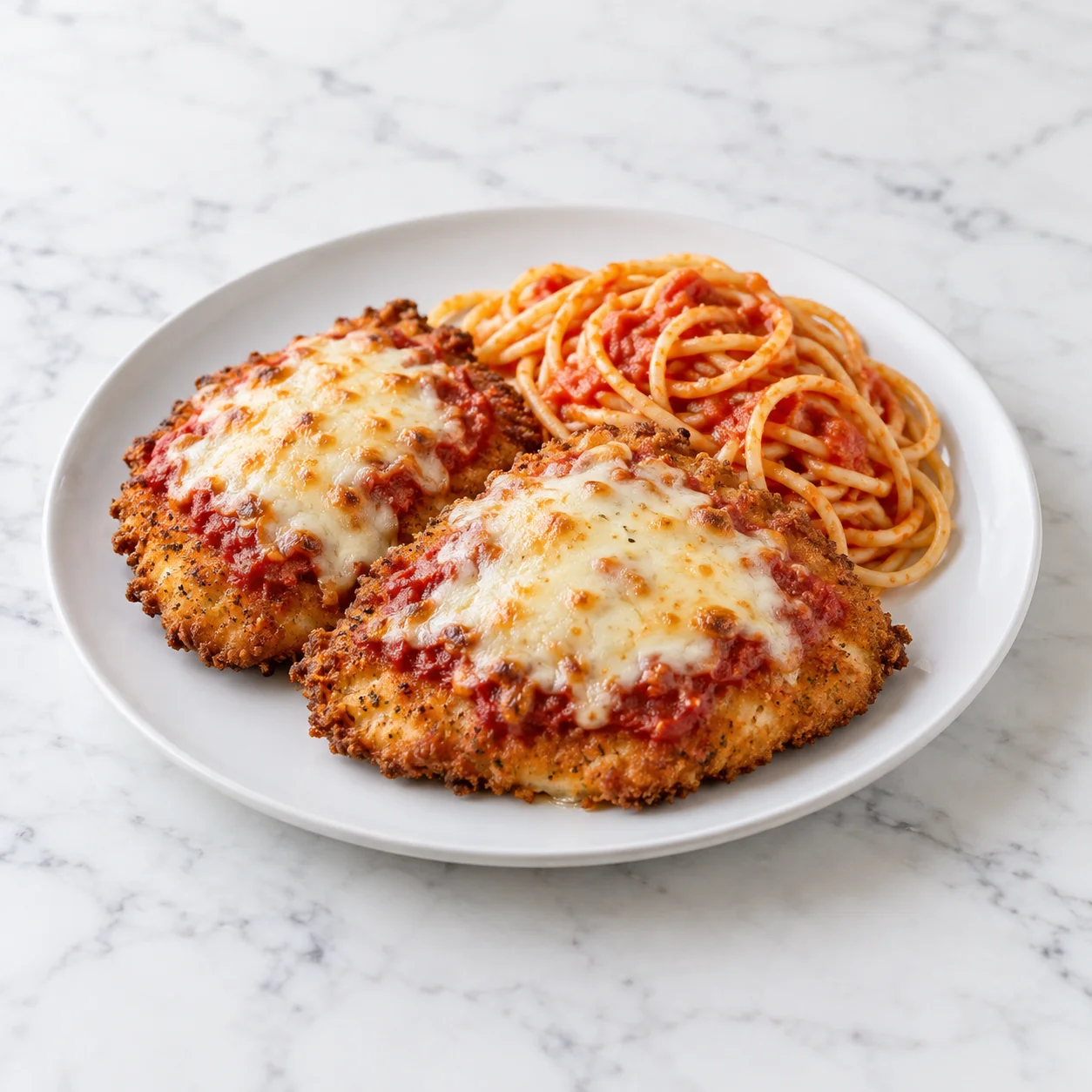 crispy breaded chicken cutlets topped with marinara and melted mozzarella, served with spaghetti on a white ceramic plate over white marble.