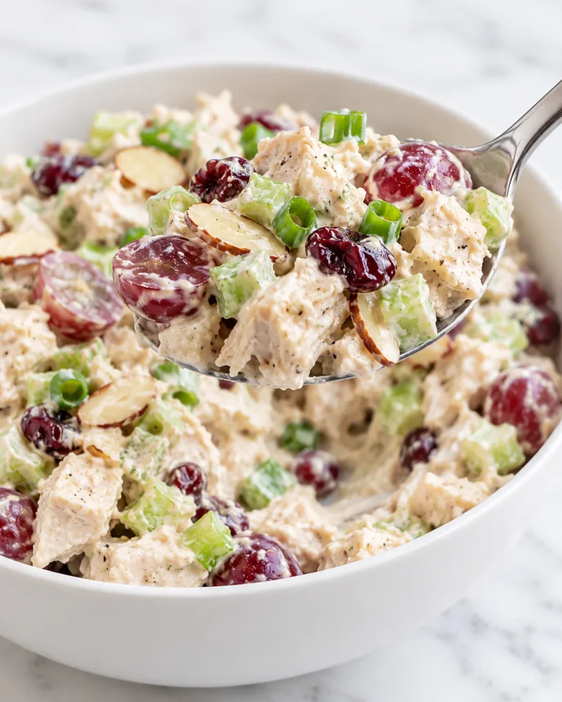 A spoon lifts creamy chicken salad with grapes, celery, almonds, and cranberries from a white ceramic bowl, showing a small scoop mark on the white marble surface.