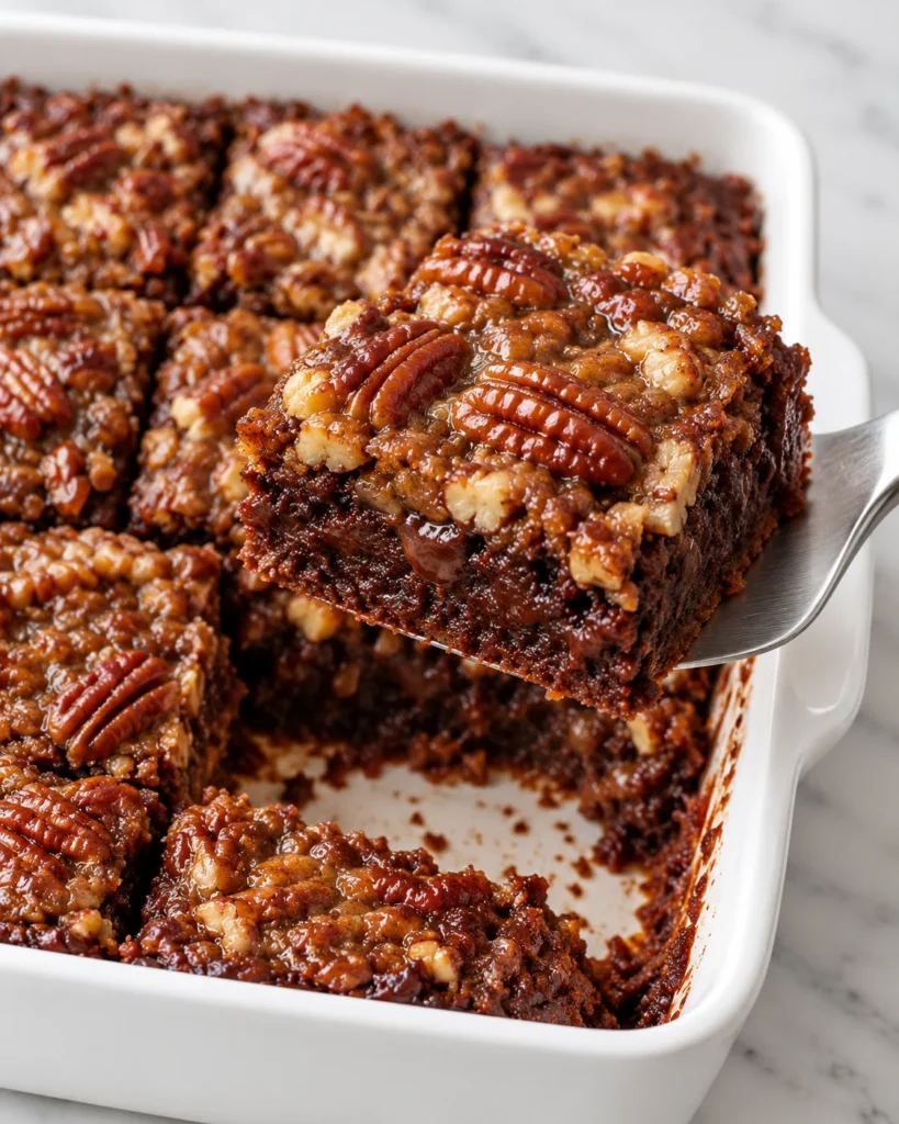 A spatula lifts a fudgy pecan pie brownie from a white ceramic dish, showing its chocolate center and sticky pecan topping.