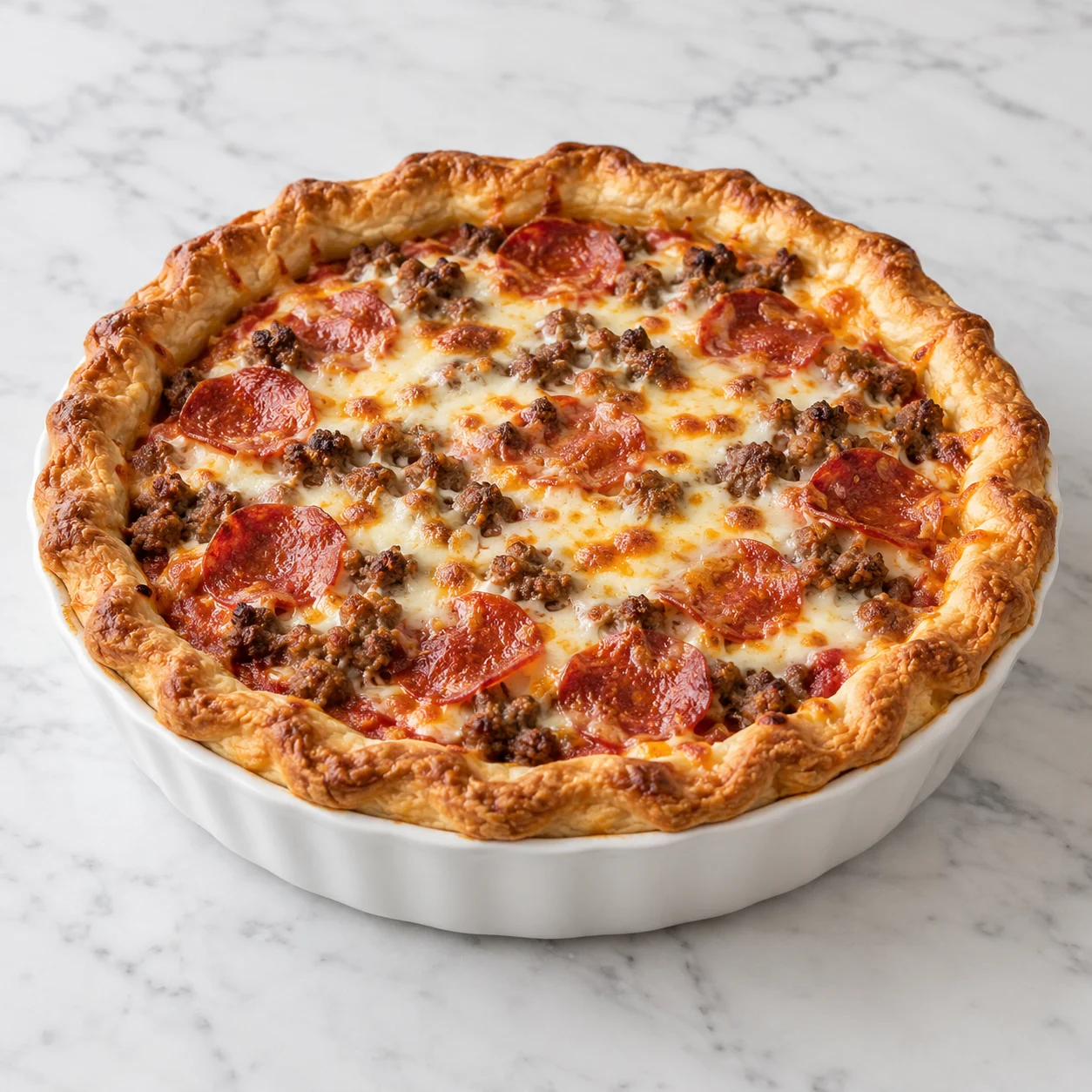 Hamburger sausage and pepperoni pie with bubbling cheese in a white ceramic dish on white marble.