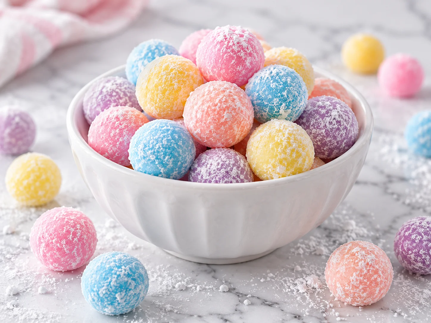 Colorful homemade bubblegum flavored candy balls in pink, blue, yellow, and purple, made with sugar and corn syrup, coated in powdered sugar, with ingredients and preparation steps.