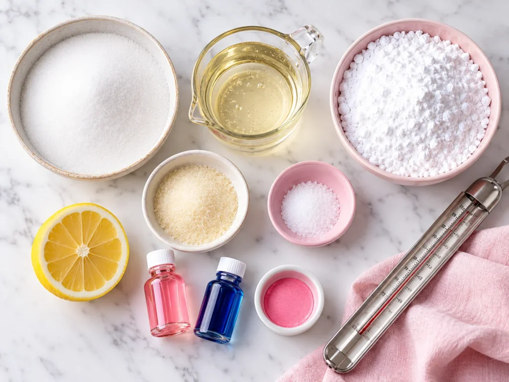 Colorful homemade bubblegum flavored candy balls in pink, blue, yellow, and purple, made with sugar and corn syrup, coated in powdered sugar, with ingredients and preparation steps.