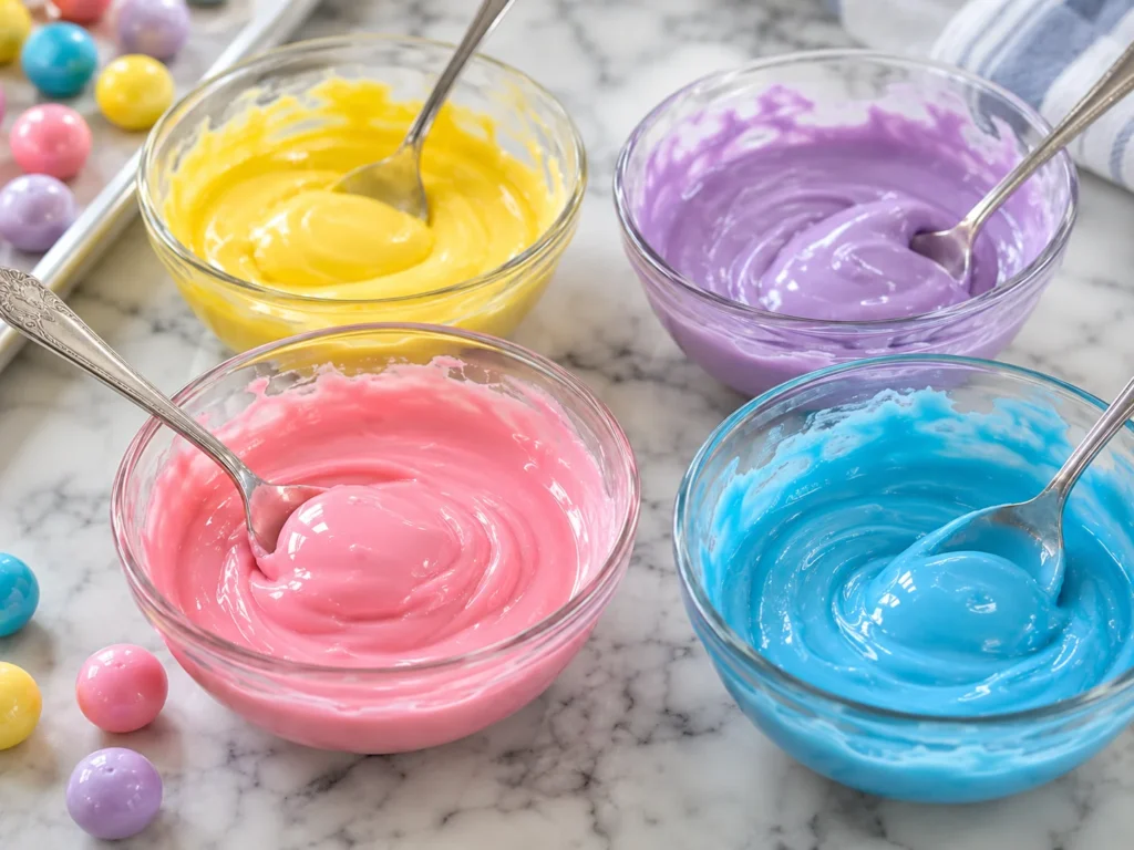Colorful homemade bubblegum flavored candy balls in pink, blue, yellow, and purple, made with sugar and corn syrup, coated in powdered sugar, with ingredients and preparation steps.