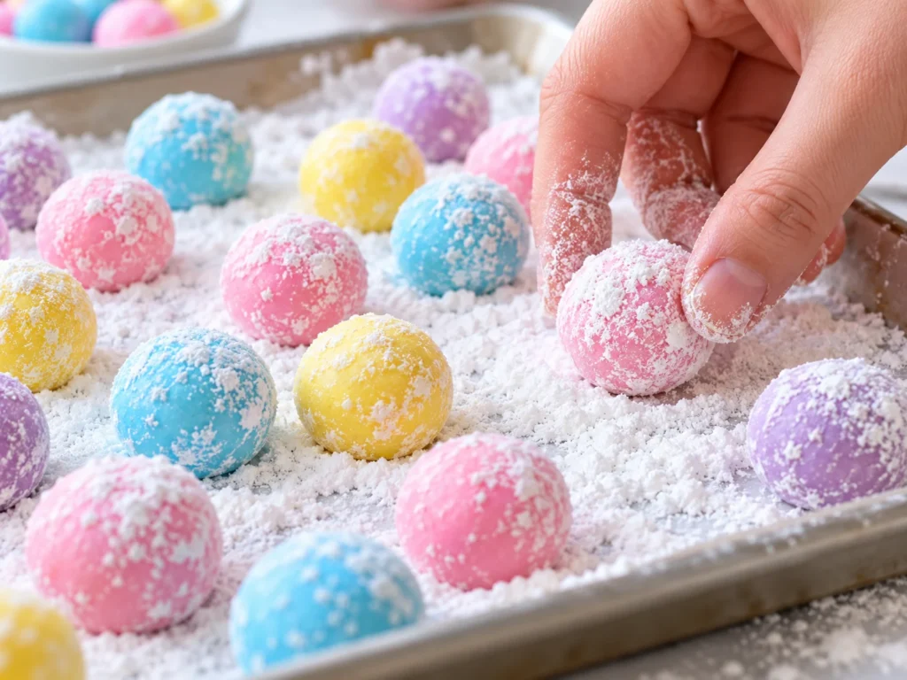 Colorful homemade bubblegum flavored candy balls in pink, blue, yellow, and purple, made with sugar and corn syrup, coated in powdered sugar, with ingredients and preparation steps.