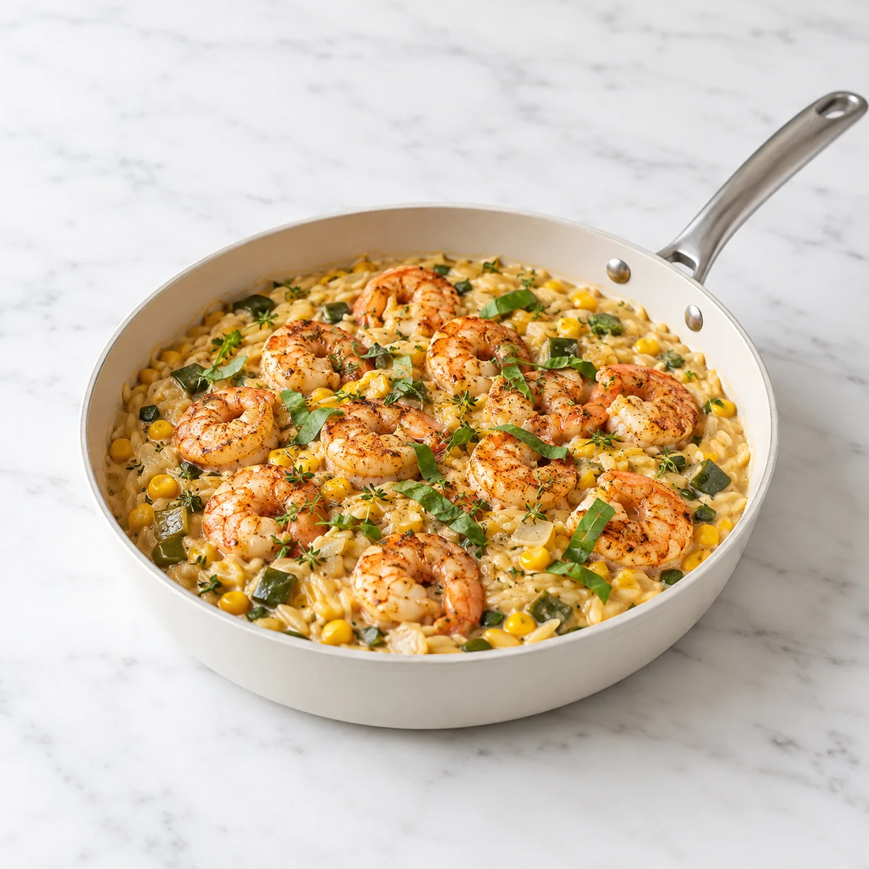 Creamed corn orzo with Cajun shrimp in a white skillet on white marble, topped with thyme and basil.
