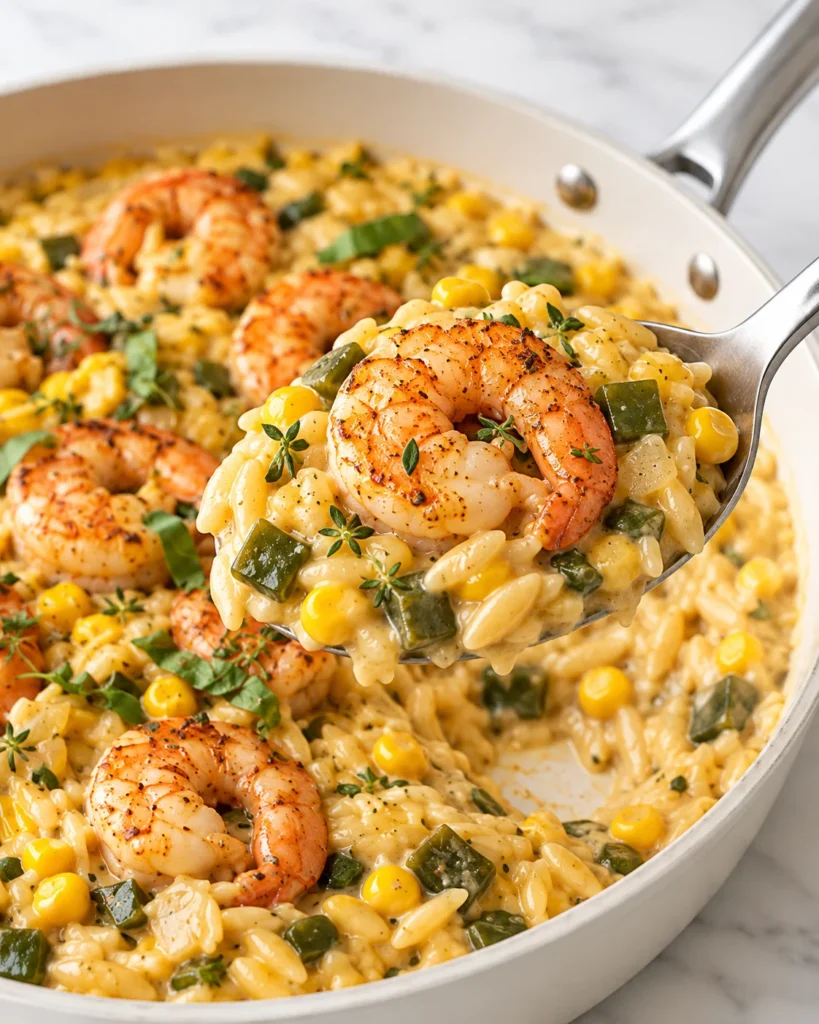 A spoon lifts creamy orzo, corn, and shrimp from the white skillet, showing the tender pasta and a scoop mark.