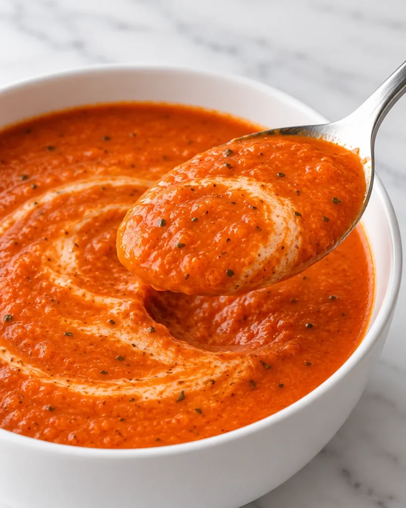 A spoon lifts velvety roasted tomato soup above a white ceramic bowl, showing the creamy texture and scoop mark on white marble.