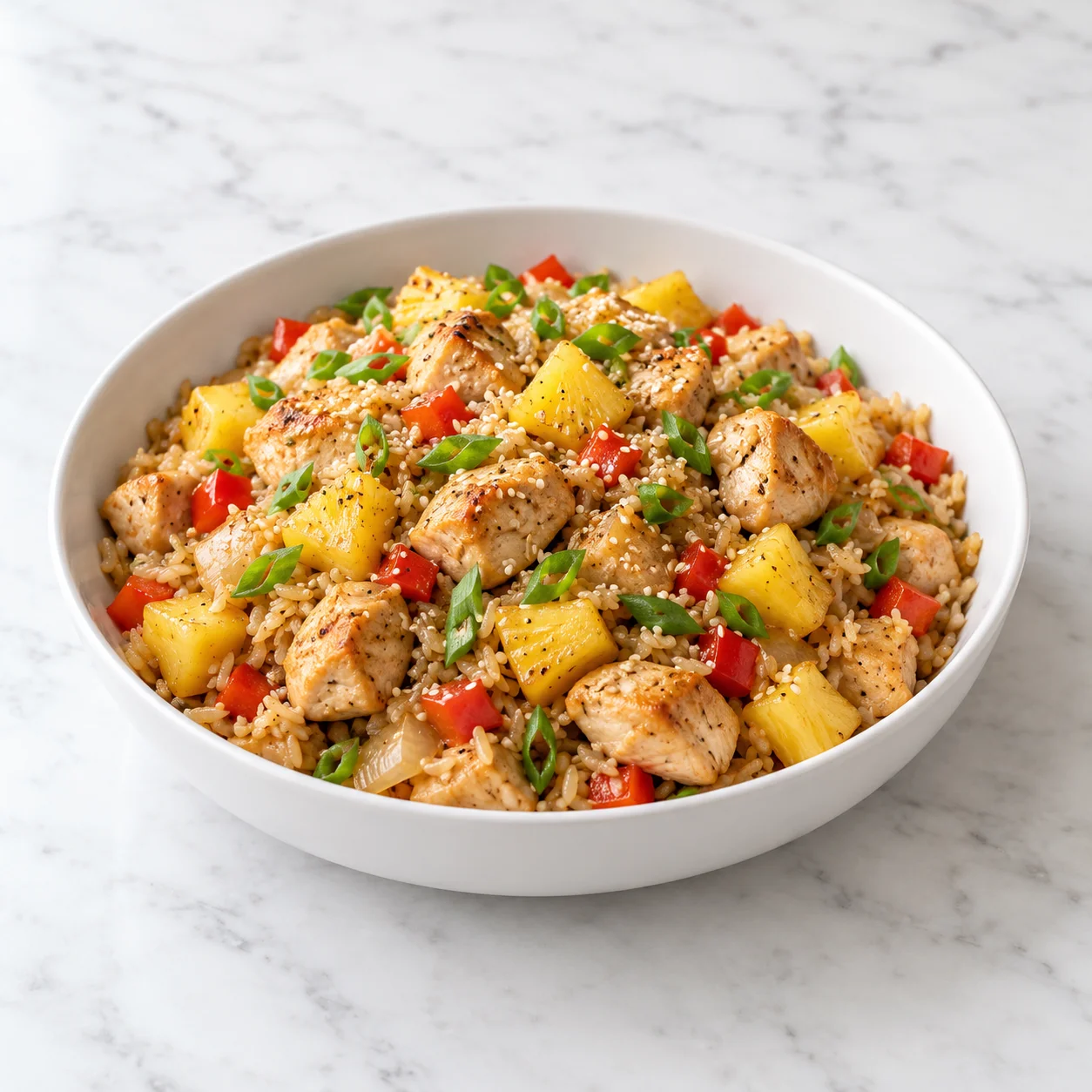 Pineapple chicken and rice with golden chicken, pineapple chunks, red peppers, green onions, and sesame seeds in a white ceramic bowl on bright white marble.